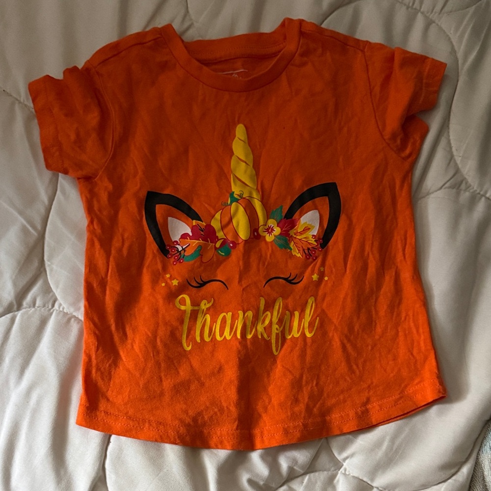 Orange Unicorn Kids Tee with Thankful Design